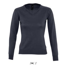 A women's dark navy V-neck jumper with long sleeves. The design is simple and features a logo.