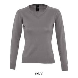 A women's grey V-neck jumper with long sleeves and a fitted design, featuring a label.