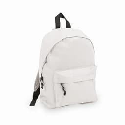 A backpack in light grey with black accents and a front zip pocket. Features adjustable shoulder straps and a top handle.