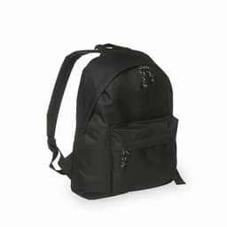 A black backpack featuring a front pocket and padded shoulder straps. It has a simple, sleek design.