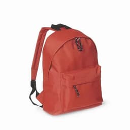 A red backpack with adjustable straps, featuring a front pocket and a main compartment with zippers.