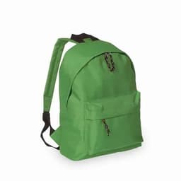 A green backpack with adjustable straps and a front zip pocket, featuring a simple design.