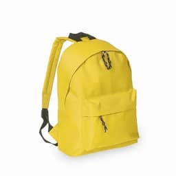 A yellow backpack with adjustable straps and a front pocket, featuring a black zip detail.