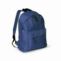 A navy blue backpack featuring a front pocket and adjustable shoulder straps, with a simple design and zipper closures.