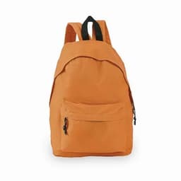 An orange backpack with a front pocket and black shoulder straps. It features a simple design and a logo.