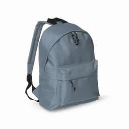 A grey backpack with a front pocket and adjustable straps, featuring a logo.