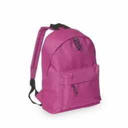 A pink backpack with adjustable straps and a front zip pocket. It features a simple, classic design.