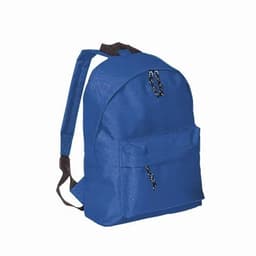 A blue backpack with a main compartment and front pocket, featuring black zipper details and adjustable straps.