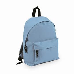 A blue backpack with a front pocket and adjustable straps. It features a simple, minimalist design.