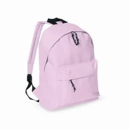 A pink backpack with a front pocket and black zipper pulls, featuring two shoulder straps.