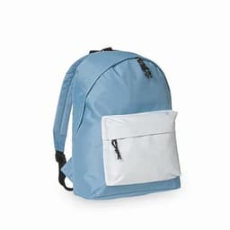 A backpack in light blue with a white front pocket and black zippers. It has adjustable shoulder straps.