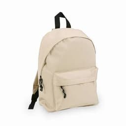 A beige backpack featuring a front pocket and adjustable straps. It has a simple design with a logo on it.
