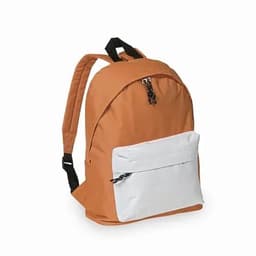 A backpack in orange with a white front pocket and black zippers. It has two shoulder straps and a logo.