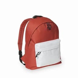 A backpack in red with a white front pocket, featuring adjustable straps and a loop for hanging.