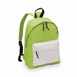 A green backpack with a white front pocket, featuring adjustable straps and a top handle. It has a zippered main compartment.