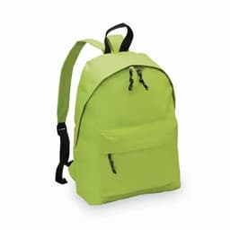 A green backpack with black straps and zippers, featuring a front pocket for extra storage.