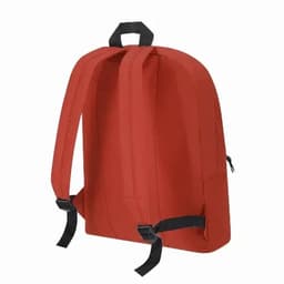 A red backpack with two adjustable straps and a side pocket, featuring a simple design.