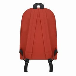 A red backpack featuring adjustable black straps and a simple design. It has a logo on the back.