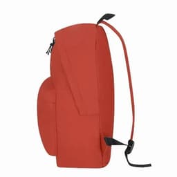 A side view of a red backpack featuring adjustable straps and a side pocket. It has a simple design with a logo.