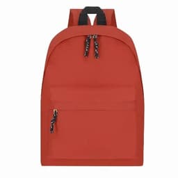 A red backpack with a front zip pocket and black adjustable straps, featuring a simple design and a logo.