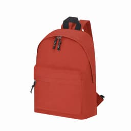 A red backpack with a large main compartment, a front pocket, and black zipper pulls. It features two shoulder straps.