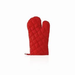 A red quilted oven mitt with a textured pattern and a loop for hanging.