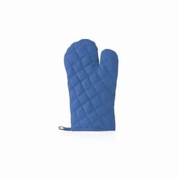 A blue oven mitt with a quilted texture and a hanging loop. It has a solid colour design.