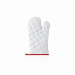 A white oven mitt with a quilted pattern and a red edge. It features a hanging loop for storage.