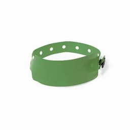 A green promotional wristband with a smooth surface and adjustable fastening features. It includes holes for sizing.