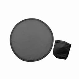 A round black reflector disc and a small pouch for storage. The disc is collapsible and portable.