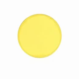 A circular yellow product with a smooth surface, featuring a logo at its centre.