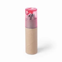 A cylindrical container with a pink cap, holding several coloured pencils and a brown base.