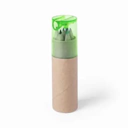 A cylindrical container with a green top holds several coloured pencils. The base is made of brown cardboard.