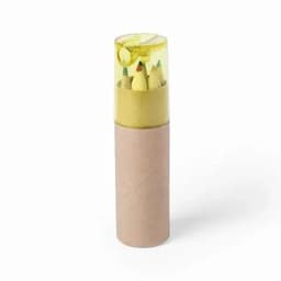A pencil holder containing coloured pencils with a yellow lid and a brown cardboard base.