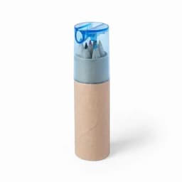 A drink bottle in light blue and brown, featuring a transparent lid and containing coloured pencils inside.