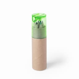 A pencil case with a transparent green top containing coloured pencils, set in a brown cardboard holder.