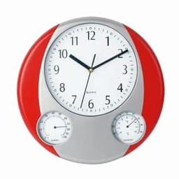 A round wall clock with a white face, black numbers, and a red and silver casing, featuring humidity and temperature gauges.