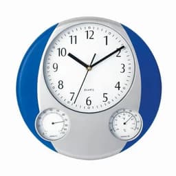 A wall clock with a blue and silver design, featuring a large clock face and dials for humidity and temperature.