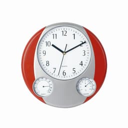 A round clock featuring a white face with black numbers, a silver frame, and a red back. Includes humidity and temperature gauges.