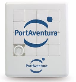A white puzzle with a grid of small squares, featuring a logo and one missing piece.