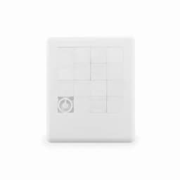 A white product featuring a grid of squares with a circular logo at the bottom left corner.