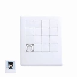 A puzzle game featuring a white grid with 16 tiles, including a character tile on the left. White colour scheme.
