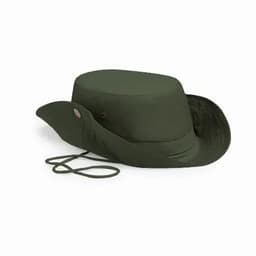 A green safari hat with a wide brim and adjustable chin strap. Features a button detail on the side.