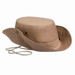 A tan safari hat with a wide brim and adjustable chin strap, featuring a rounded top and stitched detailing.