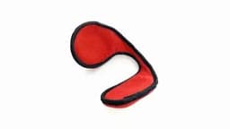 A red and black sleep mask with a soft texture, featuring a curved design. It includes a logo on one side.