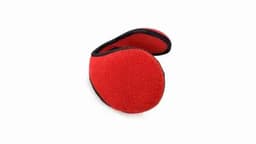 A red ear muff with a black trim, designed for warmth and comfort. The product has a soft texture and a contoured shape.