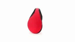 A drink bottle in a unique teardrop shape, featuring a bright red cap and black body. It includes a logo.