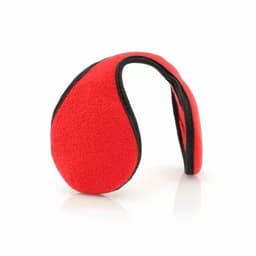 A pair of red ear warmers featuring a soft, fleece texture and a black trim.