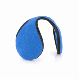A blue ear warmer made of fleece, featuring a black trim and a simple, curved design.
