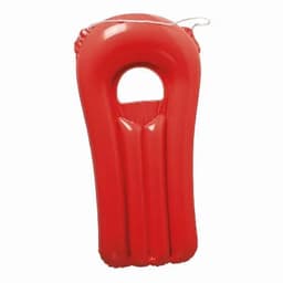 A red inflatable drink bottle with a handle and a streamlined shape. It features a logo on its surface.